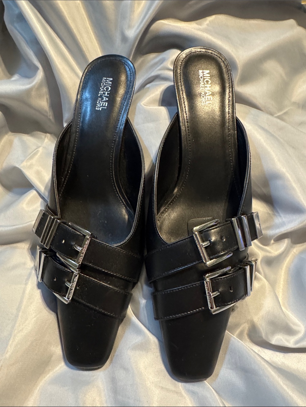 MICHAEL Michael Kors Black Leather Double-Buckle Mule Heels